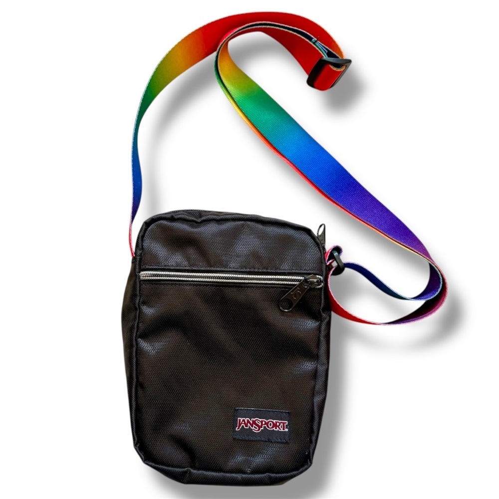 JanSport Black Weekender Crossbody Bag with Rainbow Webbed Adjustable Strap